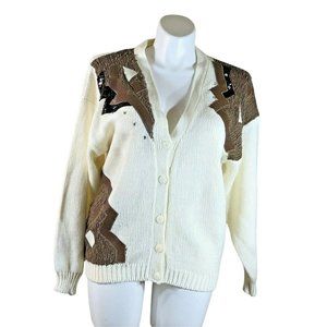 Pretense Women size 24W / 44 Cardigan Sweater V Neck White w/ Brown Color Block
